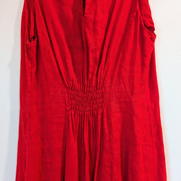 PIAZZA DEL TEMPIO 100% Linen Dress S Fit & Flare w/ Smocking Sleeveless Red Pink - Picture 4 of 9